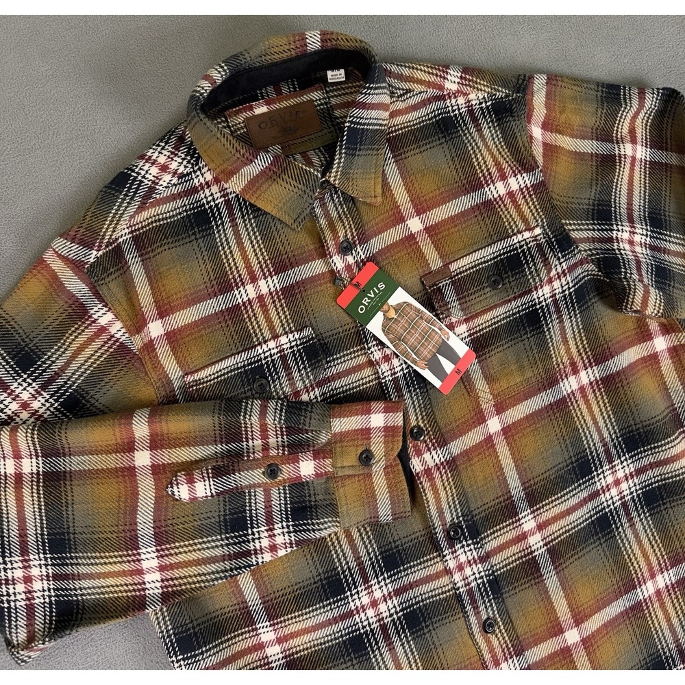 Orvis Shacket Shirt Jacket Mens Medium Brown Plaid Flap Pocket Outdoor New
